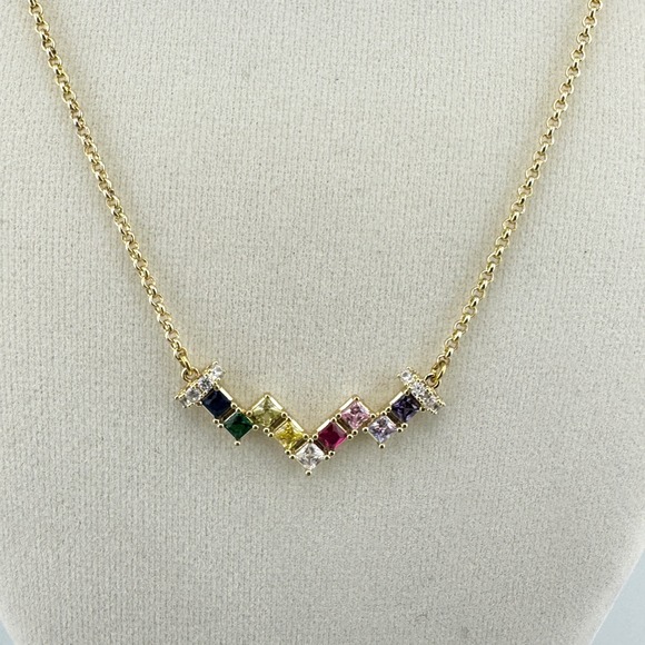 Jewelry - Gold Tone Rainbow Crystal Chevron Pendant Necklace Multi Color Princess Cut